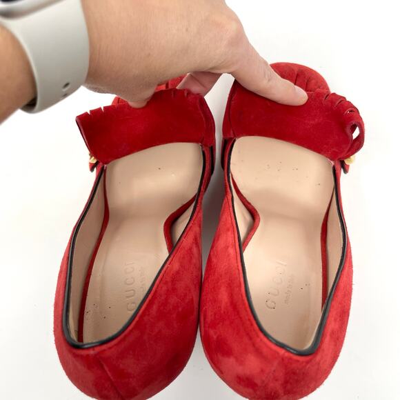 Gucci Marmont Interlocking GG Red Suede Leather Block Heel Fringe Pumps EU 37.5 - Picture 6 of 14